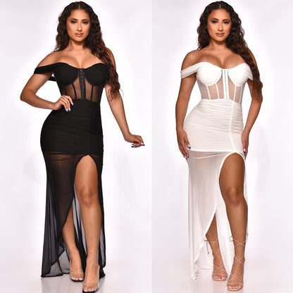 Off Shoulder Ruched Mesh Split Bodycon Maxi Dress - Trotters Independent Traders