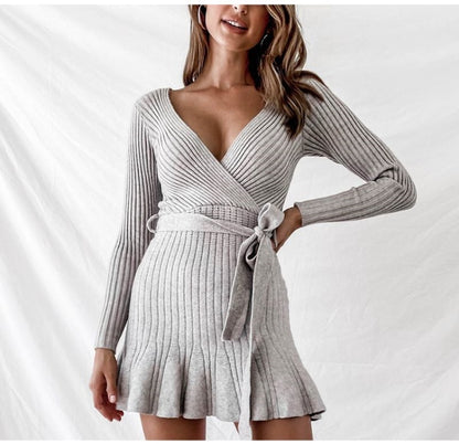 Sexy V Neck Grey Knitted Sweater Dress - Trotters Independent Traders