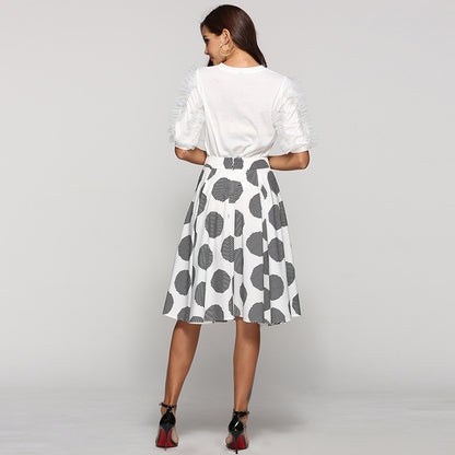 Large Polka Dot Round Slim Fit Mid-Length Skirt With Hem