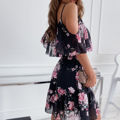 Off Shoulder Floral Print Short Sleeve Casual Dresse