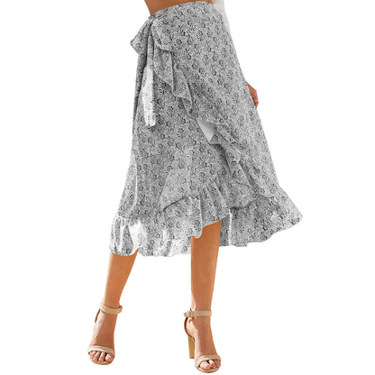 Floral Print Holiday Skirt Ruffles Elegant Chiffon Women Irregular Split Skirt - Trotters Independent Traders