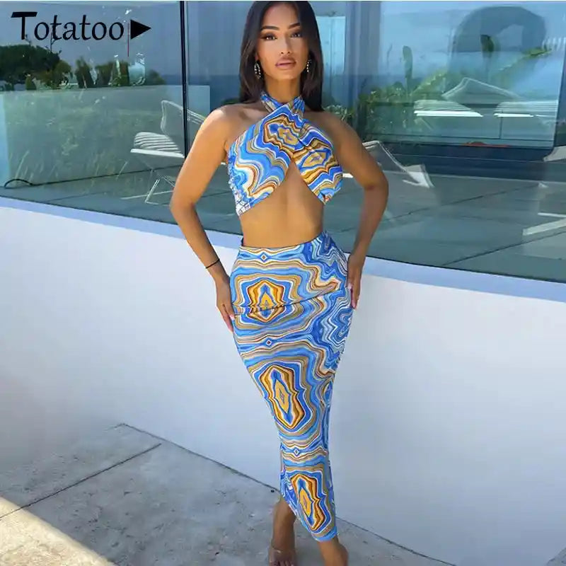 Amelia Two Piece Set Long Skirt And Halter Crop Top Matching Outfit