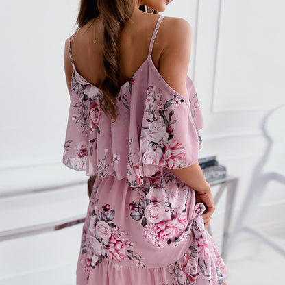 Off Shoulder Floral Print Short Sleeve Casual Dresse