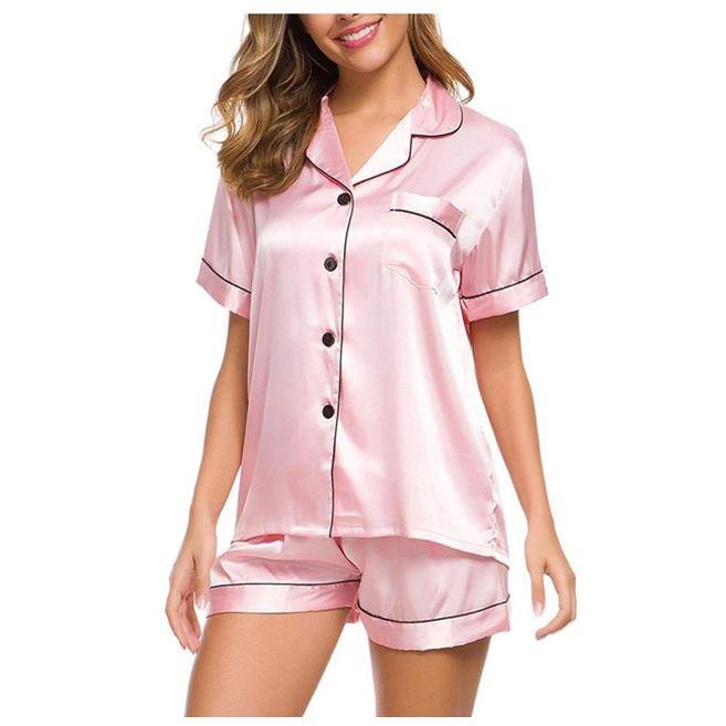 Elastic Waist Button Down Shorts Pajamas Set Nightwear 