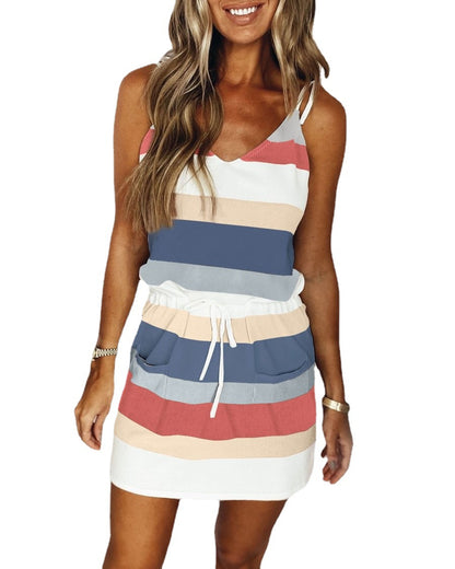 Summer Dress Casual Striped Sleeveless Dress V-Neck