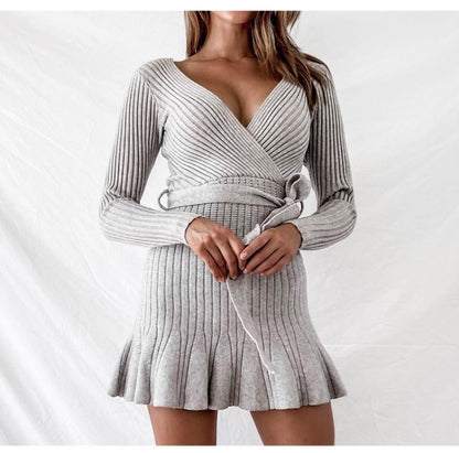 Sexy V Neck Grey Knitted Sweater Dress - Trotters Independent Traders