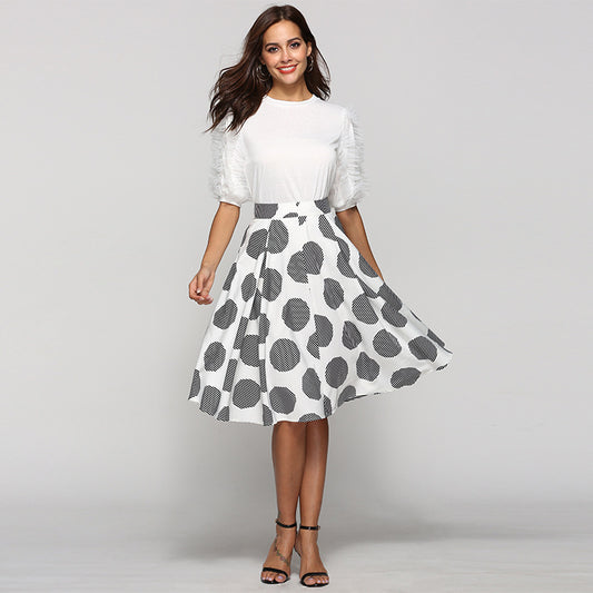 Large Polka Dot Round Slim Fit Mid-Length Skirt With Hem