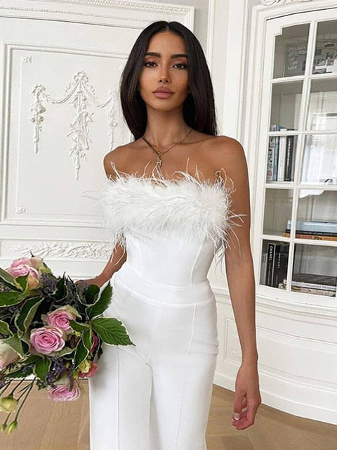 Women's Sleeveless Jumpsuits Slim Fit For Wedding Party Clubwear Fashion Elegant Ladies Sexy Off Shoulder Cut Waist Ruffle Casual Straight Leg Romper Jumpsuit With Belt - Trotters Independent Traders