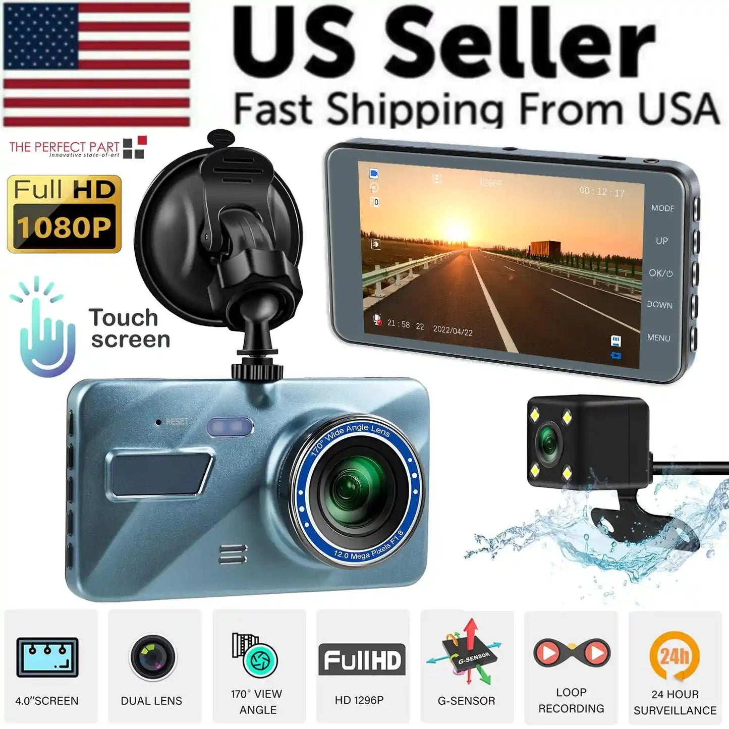 Touch Screen Dash Cam 4 Dual Lens Car DVR Front And Rear Camera