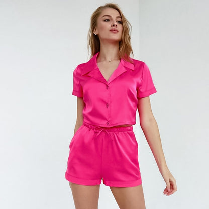 Summer Two Piece Plain Short Sleeve Blouse and Short Pants