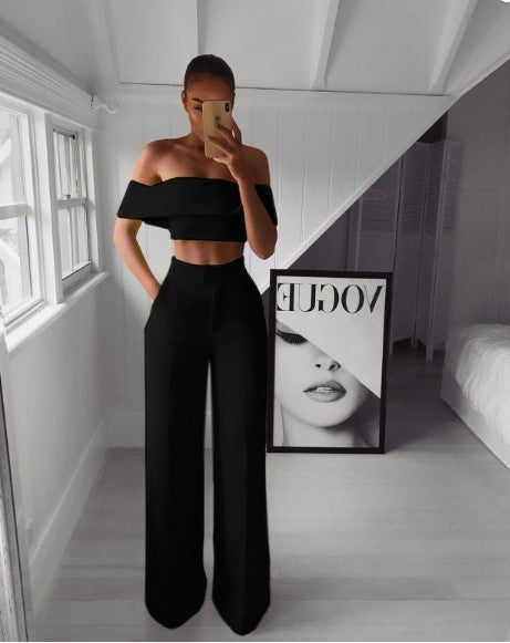 Vacation Outfits Fashion Solid Cold Shoulder Ruffle Shirt Button Zipper Wide Leg Pant Suit Set - Trotters Independent Traders