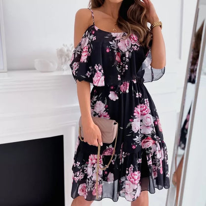 Off Shoulder Floral Print Short Sleeve Casual Dresse