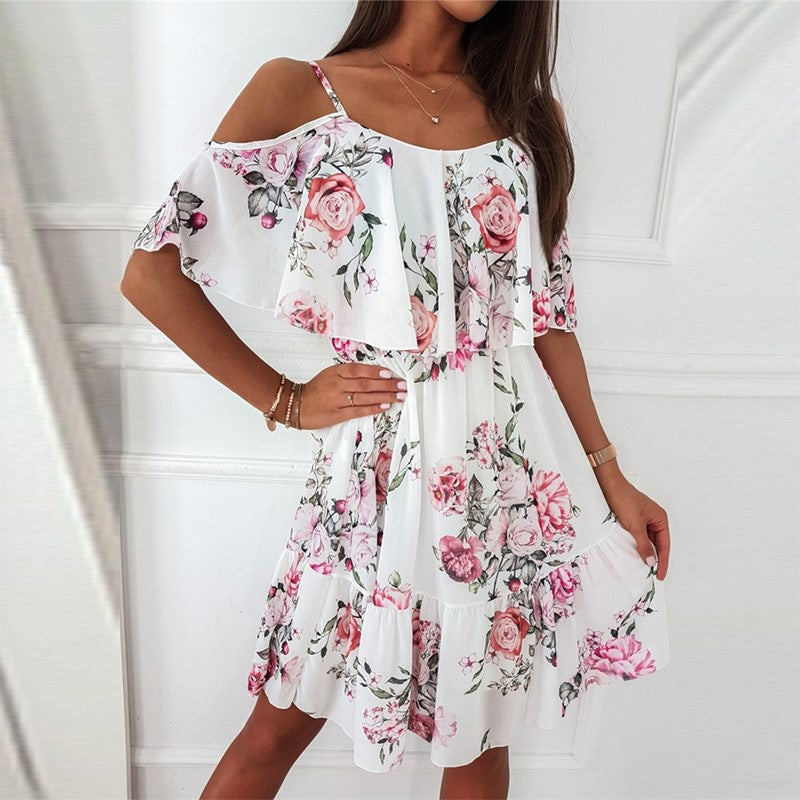 Off Shoulder Floral Print Short Sleeve Casual Dresse