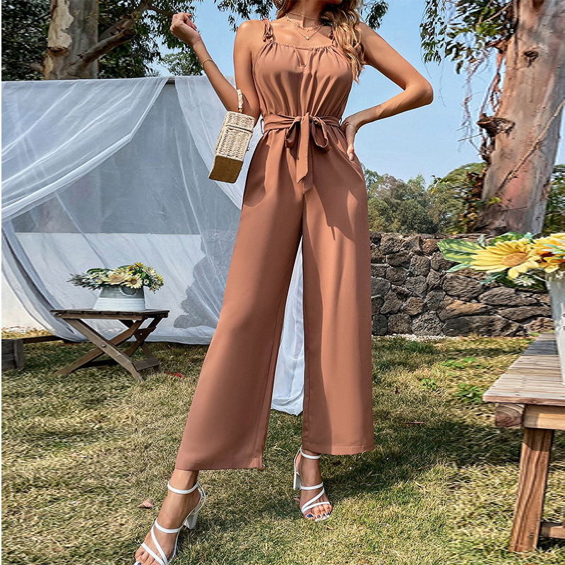 Sexy Cutout Belt Sling Wide-Leg Jumpsuit Fashion for Women