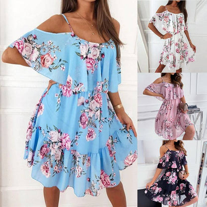 Off Shoulder Floral Print Short Sleeve Casual Dresse