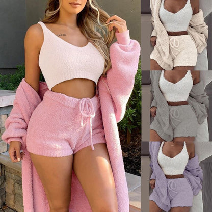 Lady Female Soft Warm Long Sleeve Exposed Navel Vest Shorts Set