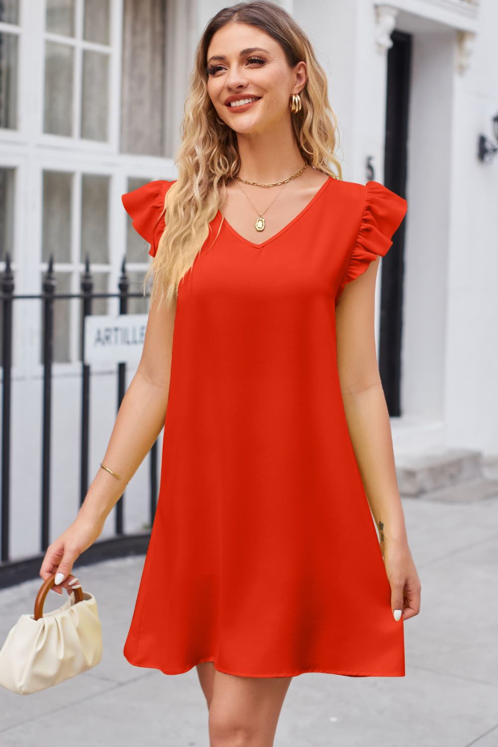 Ruffled V-Neck Flutter Sleeve Dress - 5 Colors - Trotters Independent Traders