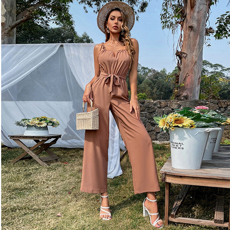 Sexy Cutout Belt Sling Wide-Leg Jumpsuit Fashion for Women