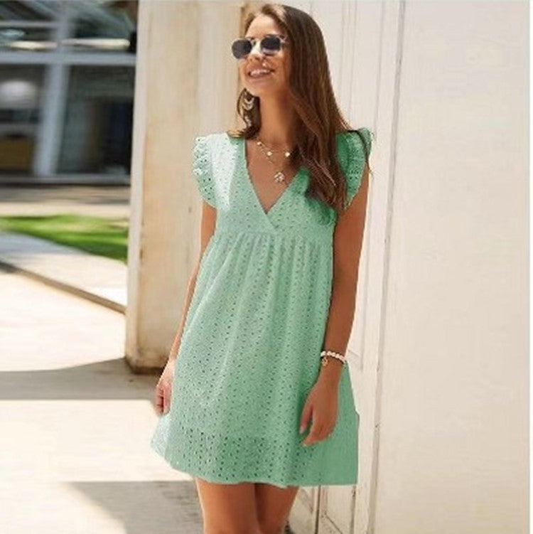 Summer V-neck Cotton Short Skirt Solid Color Dress - Trotters Independent Traders