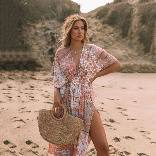 Women's Print Beachwear Bikini Cover Up Maxi Dress