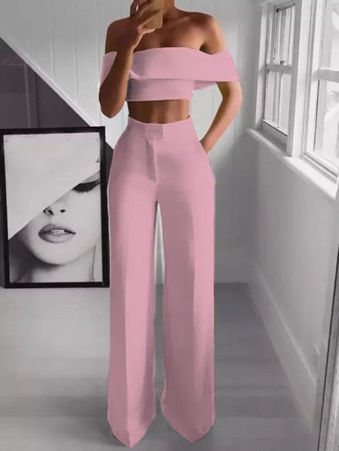 Vacation Outfits Fashion Solid Cold Shoulder Ruffle Shirt Button Zipper Wide Leg Pant Suit Set - Trotters Independent Traders