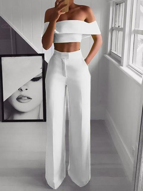 Vacation Outfits Fashion Solid Cold Shoulder Ruffle Shirt Button Zipper Wide Leg Pant Suit Set - Trotters Independent Traders