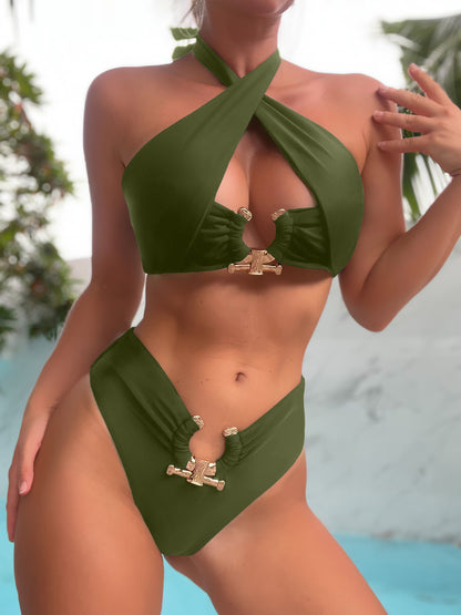 Split Neck High Waist Hollow Bikini High Waist Design 