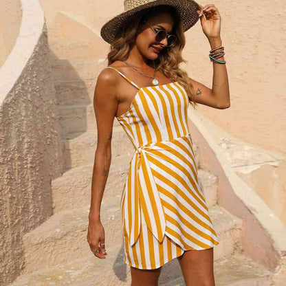 Striped Printed Irregular A- Line Dress Yellow