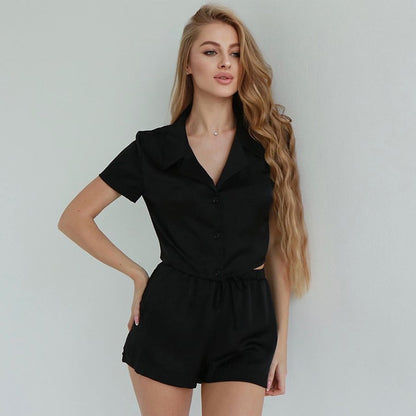 Summer Two Piece Plain Short Sleeve Blouse and Short Pants