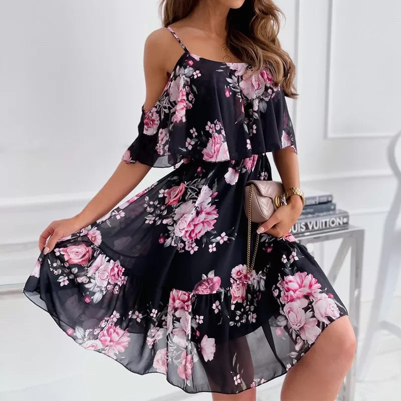 Off Shoulder Floral Print Short Sleeve Casual Dresse