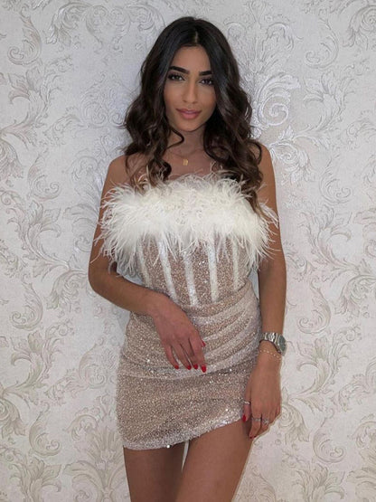 Sequin Dress One Shoulder Feather Short Skirt