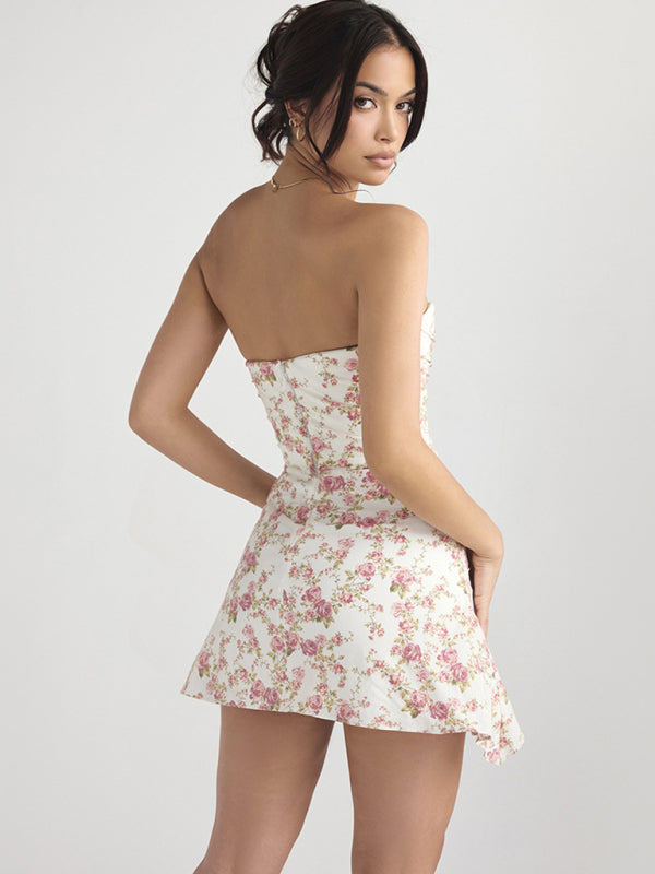 Tubeless Backless Skirt Hot Girl Fitted Floral French Dress