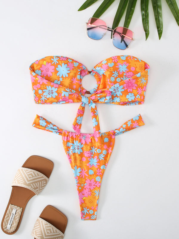 Floral Plaid Print Bandeau Bikini