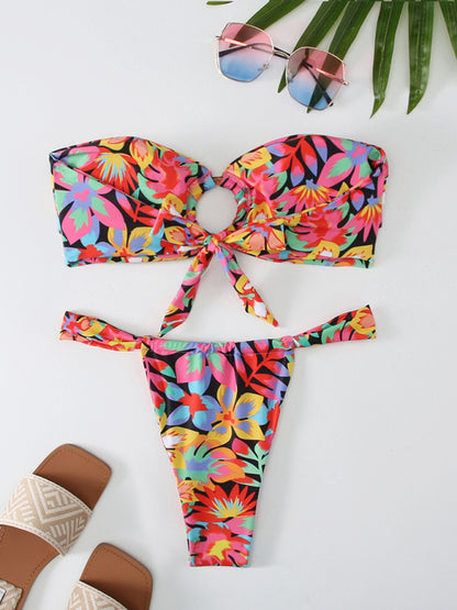 Floral Plaid Print Bandeau Bikini