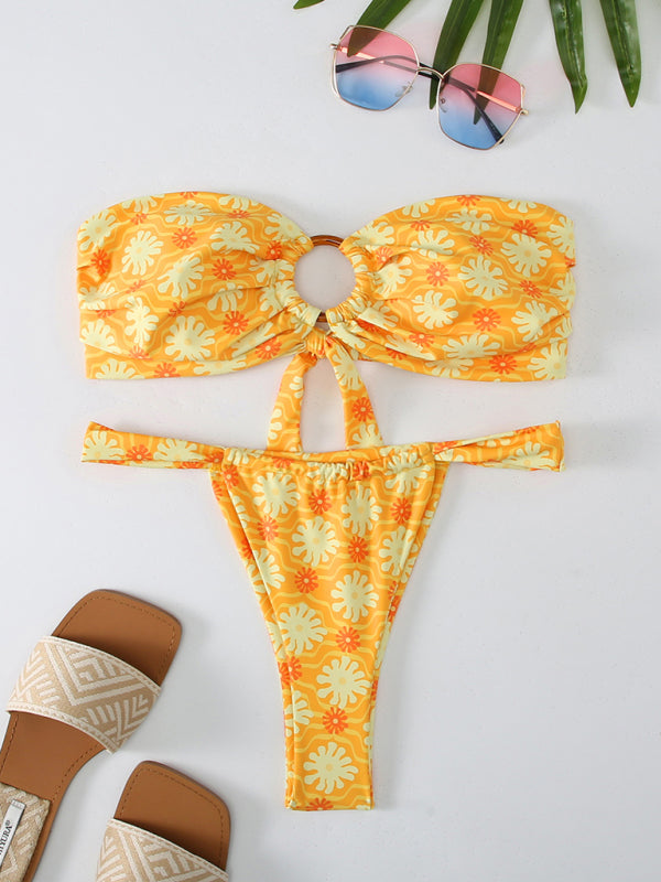 Floral Plaid Print Bandeau Bikini