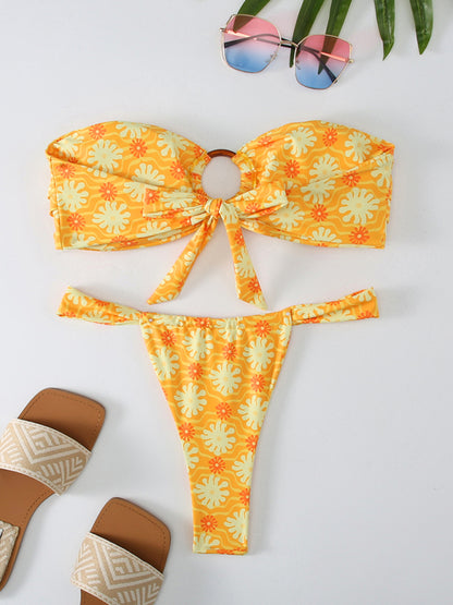 Floral Plaid Print Bandeau Bikini