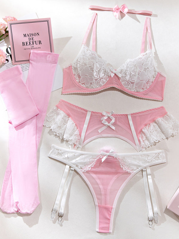 Sexy Bra Set Lace Mesh Splicing Outfit Sexy Lingerie Five-piece Set