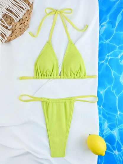 Simple Sexy Ribbed Solid Gathered Bikini