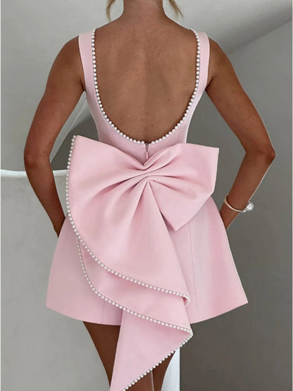 Pearl Bow Fashion Slim Short Skirt Back Hot Girl A-Line Dress