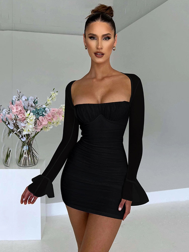 Transparent Dress Women Long Sleeve  Low Cut Short Dress