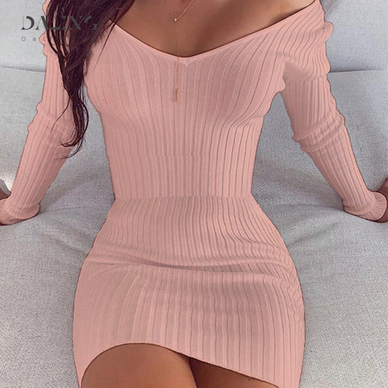 Women Dresses Fashion Ladies Sexy Solid V-Neck Mini Dress 