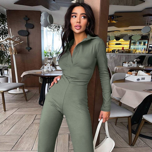 Womens One Piece Bodycon Jumpsuit,Elegant Slim Long Sleeve Lapel Siamese Trousers Casual Long Bell-Bottomed Trousers - Trotters Independent Traders