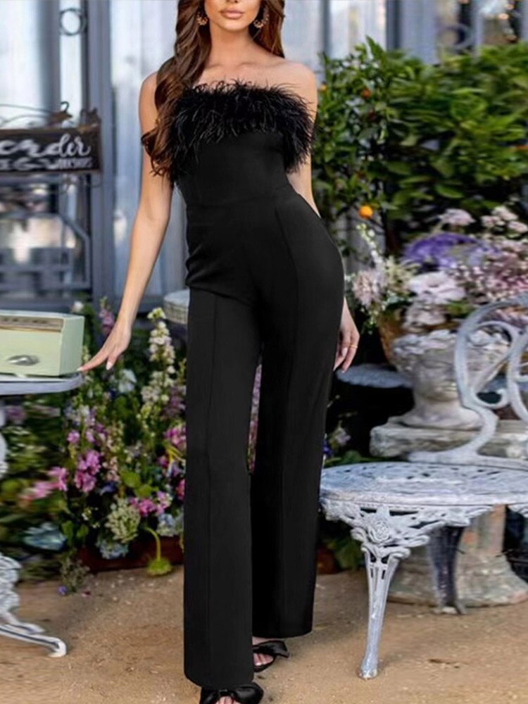 Women's Sleeveless Jumpsuits Slim Fit For Wedding Party Clubwear Fashion Elegant Ladies Sexy Off Shoulder Cut Waist Ruffle Casual Straight Leg Romper Jumpsuit With Belt - Trotters Independent Traders