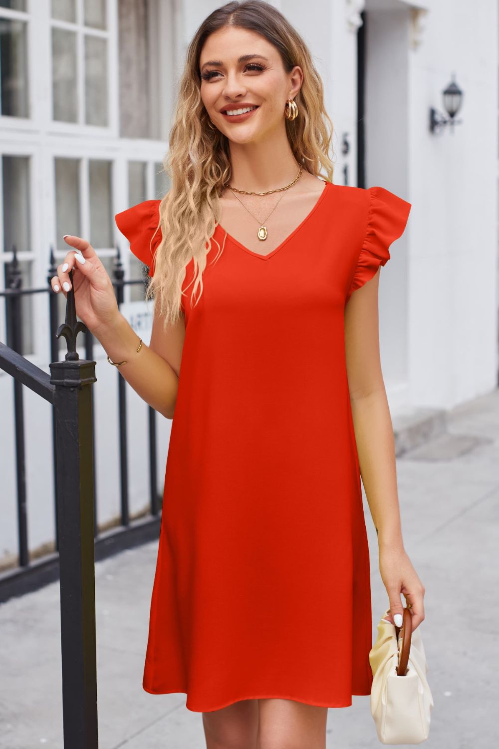 Ruffled V-Neck Flutter Sleeve Dress - 5 Colors - Trotters Independent Traders