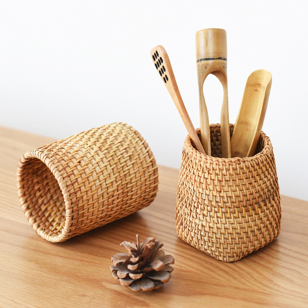 Handmade Tea Ceremony Basket Handwoven Rattan Pencil Holder 