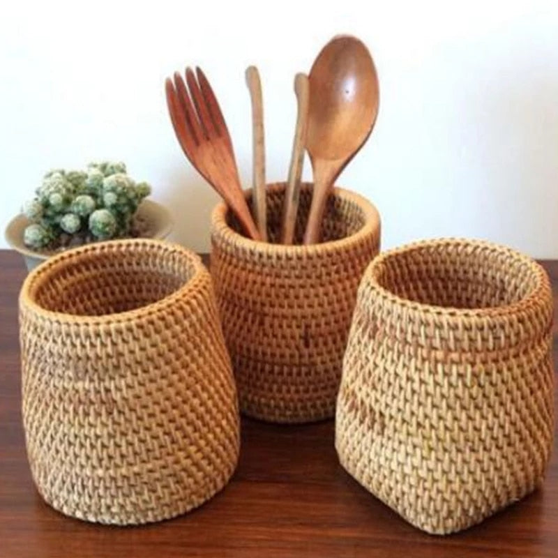 Handmade Tea Ceremony Basket Handwoven Rattan Pencil Holder 