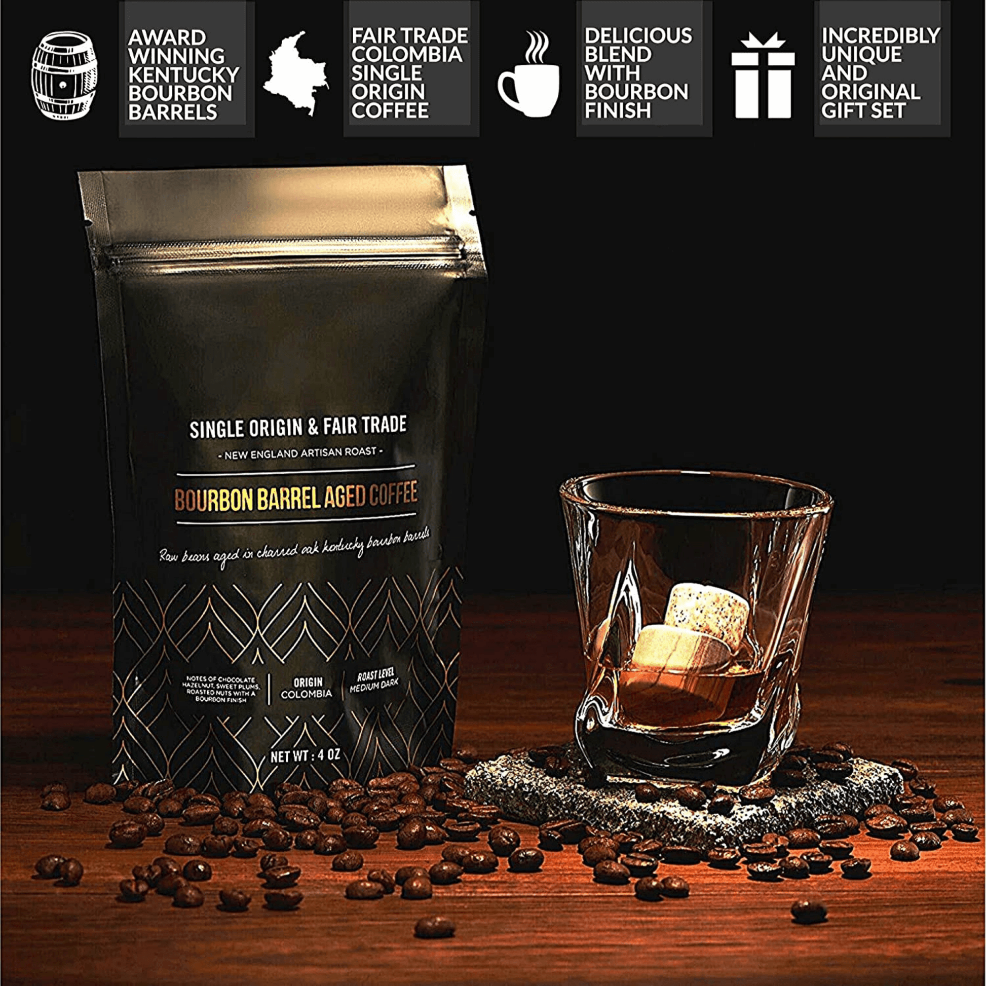 The Gourmet Gift Set - Whiskey Stones & Bourbon Barrel Aged Coffee - Trotters Independent Traders