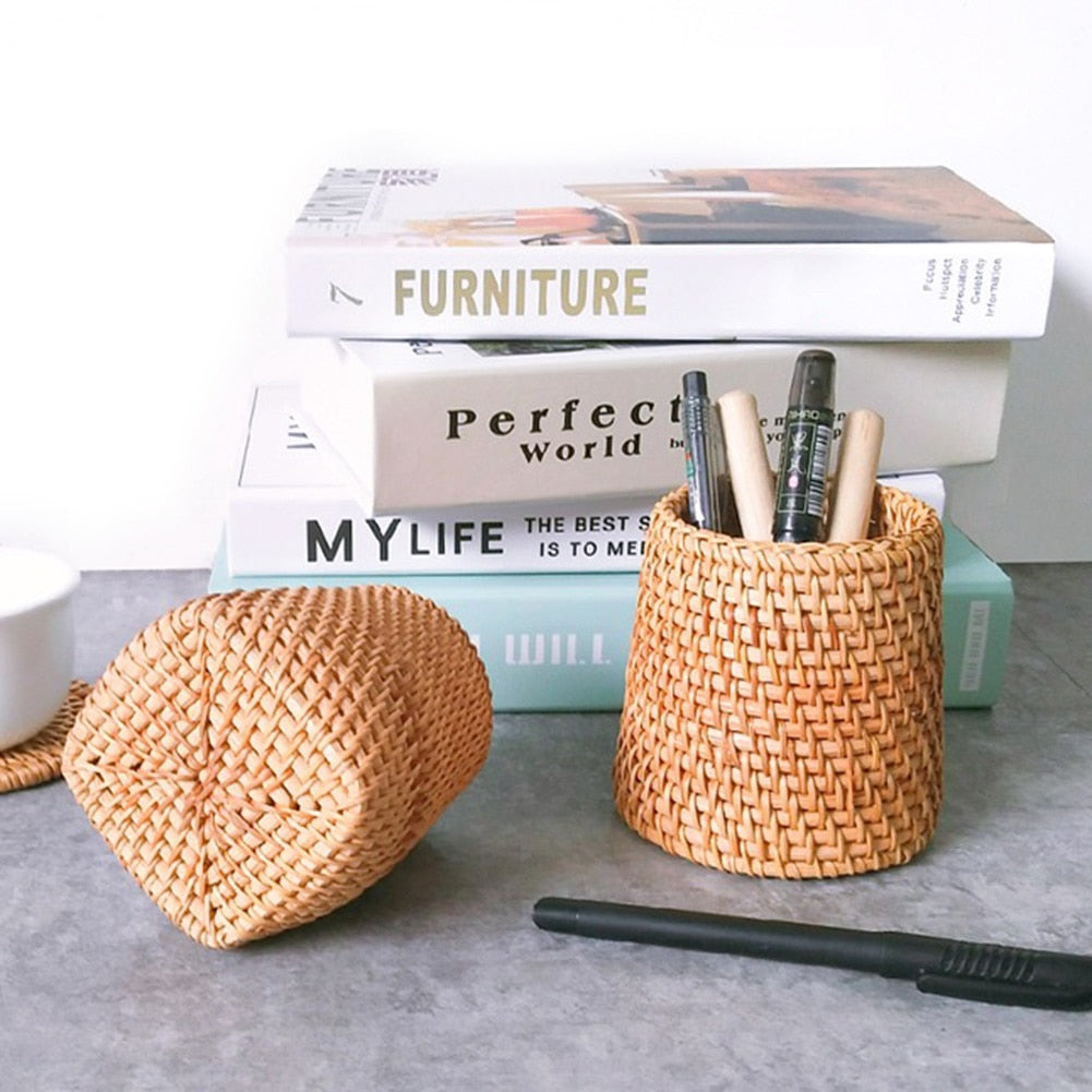 Handmade Tea Ceremony Basket Handwoven Rattan Pencil Holder 