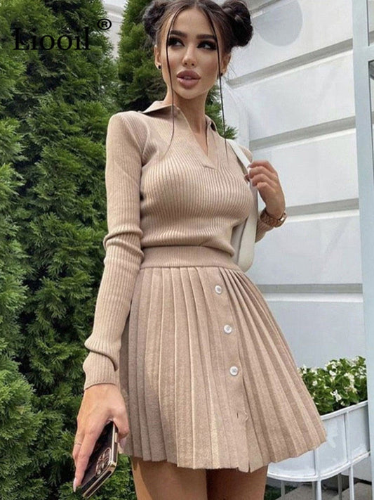 Knitted Suit with Skirt Women Solid Autumn Mini Skirt