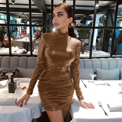 Leather Stand Collar Bodycon Dress Sexy Slim Fit Ball Gown 